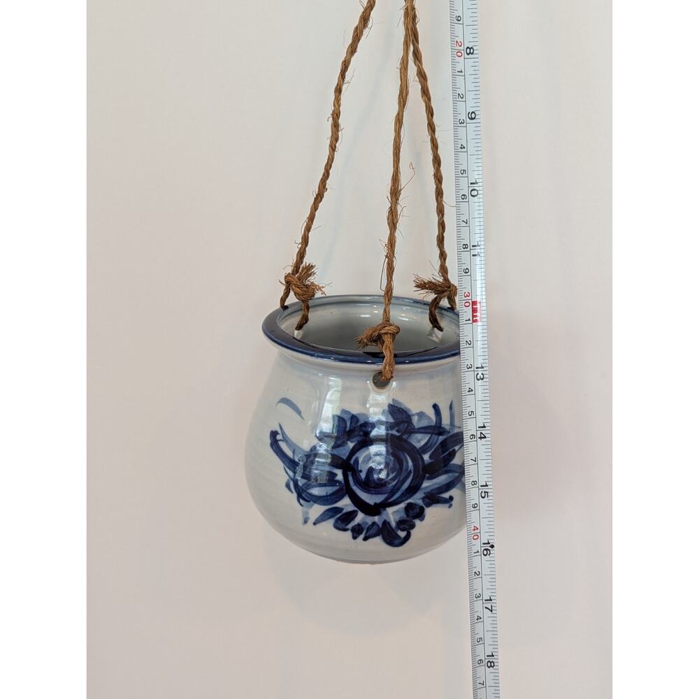 Ceramic Hanging Planter, Cobalt Blue Design, Japan Made, Boho Grandmillennial - Picture 3 of 11